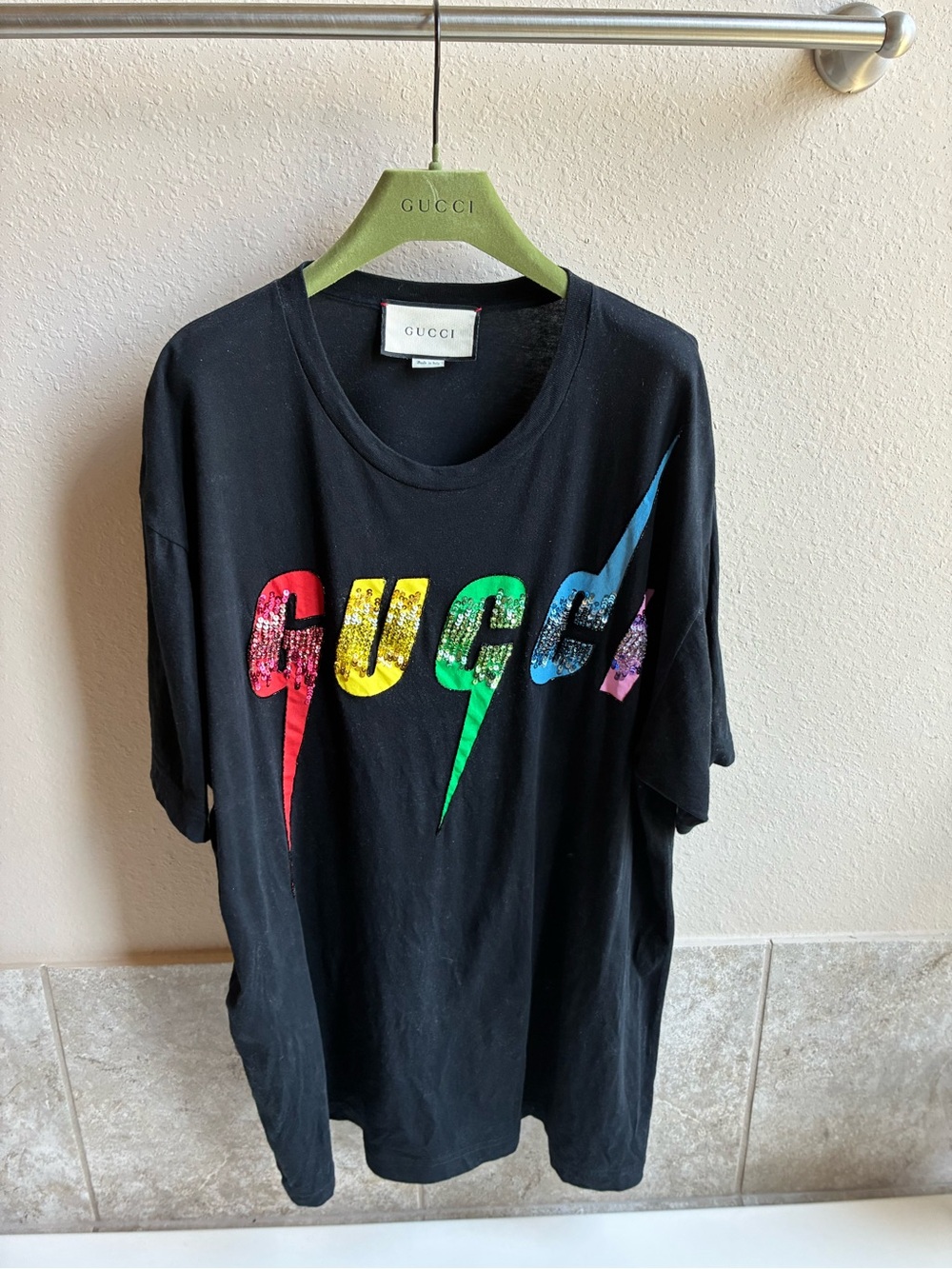 Gucci Black Tee with Multicolor Sequin Logo